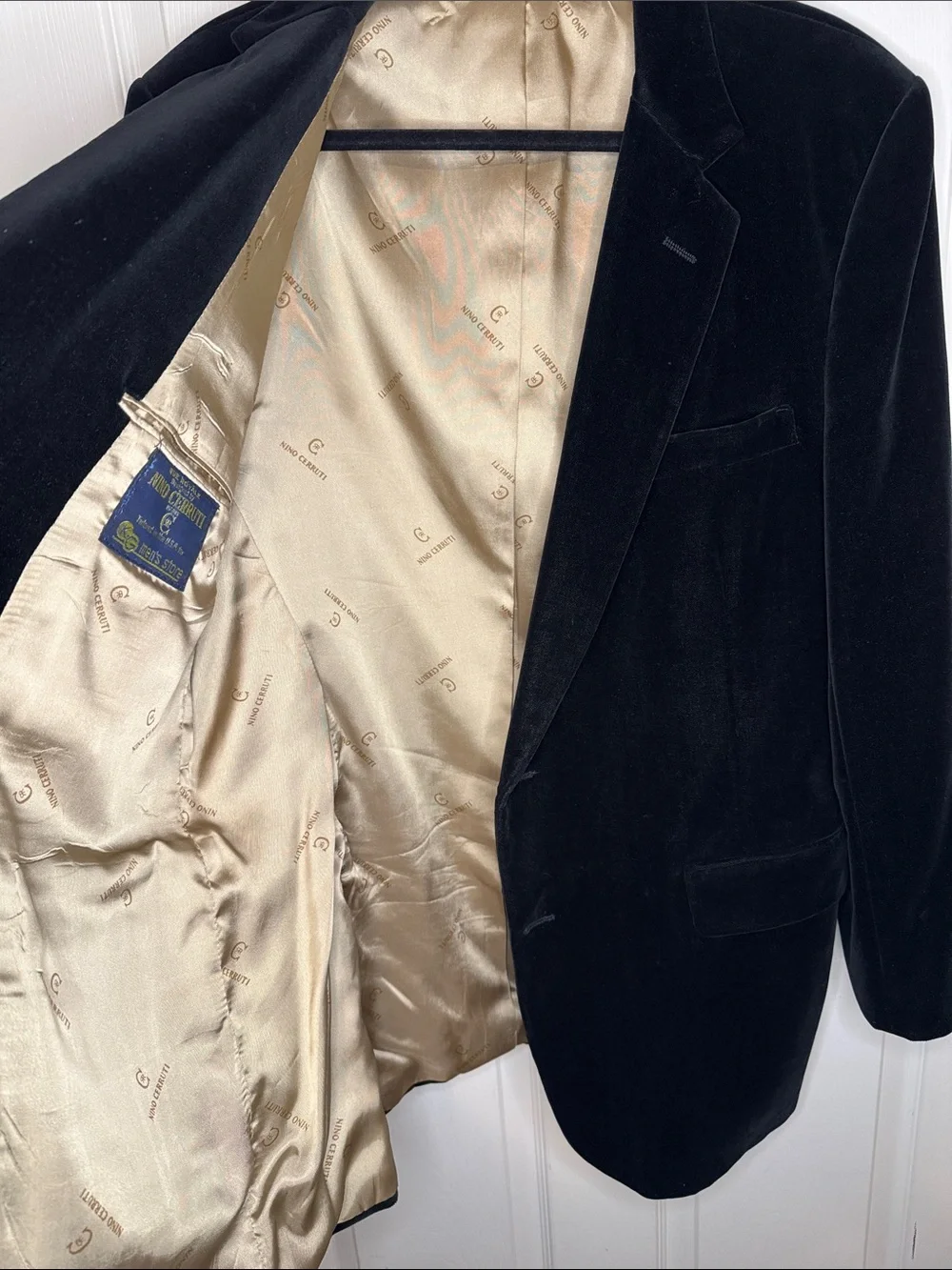 Men's Black Velvet Blazer with Gold-Lined Interior